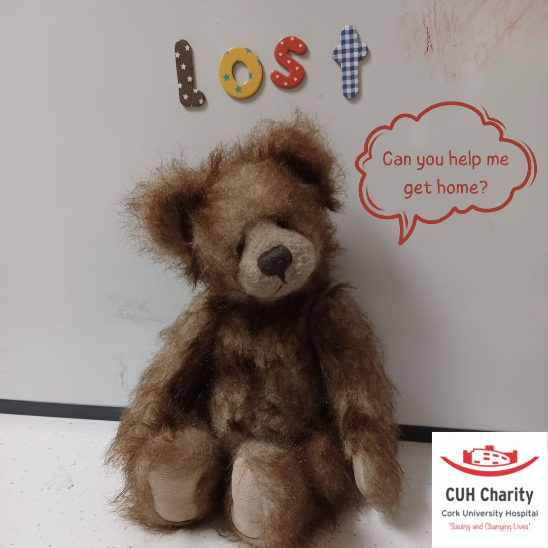 'Can you help me get home?' My owner was unwell yesterday and went to the Emergency Department in CUH. Unfortunately, I got left behind... Please share this picture of me so I can get home. Get in touch by email info@cuhcharity.ie if you know who owns Teddy.