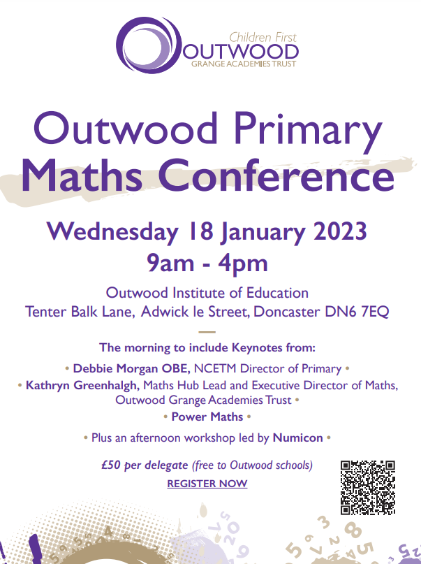 LauraPrimary's tweet photo. 🌟I am thrilled to announce our first Outwood Primary Maths Conference. The day will include presentations from @ThinkingMaths @kag6maths @pearson and an afternoon workshop led by @Numicon. Sign up to this fantastic opportunity today, using the QR code below. #CPD #primarymaths🌟 https://t.co/EfV6EzE832