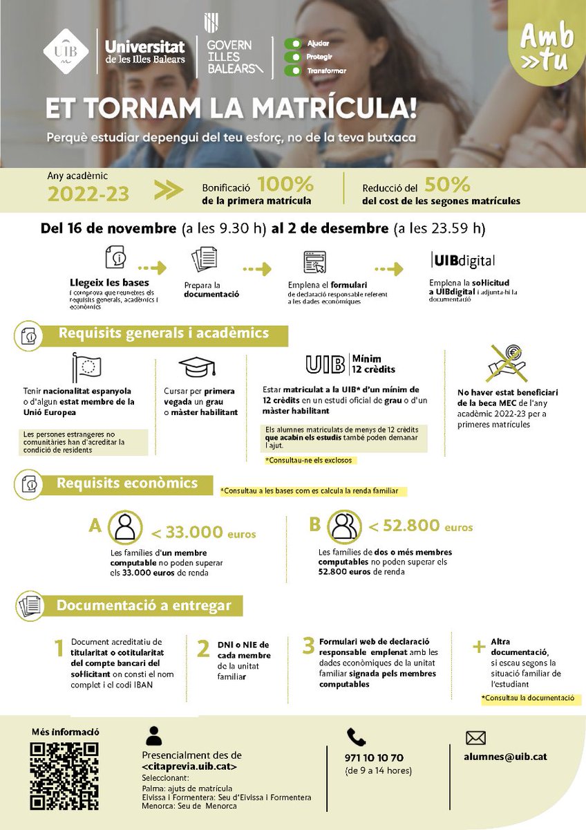 UIBuniversitat's tweet photo. 📢 Ja està disponible la sol·licitud de retorn de matrícula del curs 2022-23!
➡️ Podràs fer-ho fins el 2 de desembre a les 23.59h a través de la #UIBdigital.
⚠️ Consulta bé les bases ⚠️ i tota la documentació necessària a https://t.co/lphQm0Ckyr https://t.co/wPXNVtYqZ3