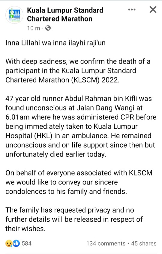 Please be very cautious when running long distances. After all, it has been a long hiatus getting back to good training with the pandemic. Everything takes time. Condolences to the family for the loss.
