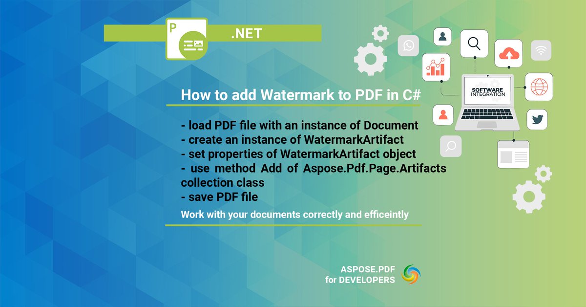 AsposePDF's tweet image. How to Watermark PDF File Using C#
See the code example for adding a watermark to the PDF at the link:
products.aspose.com/pdf/net/waterm…
#watermarkinpdf #editpdf #asposepdf