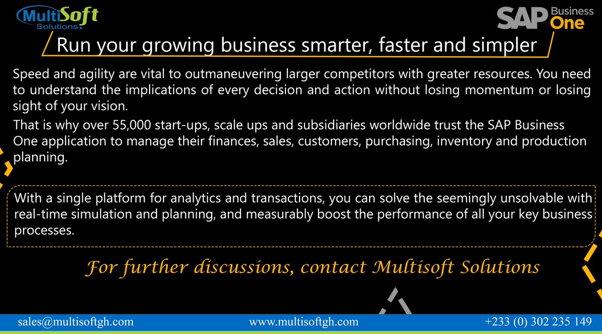 multisoftsolgh's tweet photo. Speed and agility are vital to outmaneuvering larger competitors with greater resources. You need to understand the implications of every decision and action without losing momentum 

#Thedigitalbusiness
#SAPBusinessOne 
#ERPSolutionforSMEs
#Softwaresolutions
#MultisoftSolutions https://t.co/QDmPX63Hqw