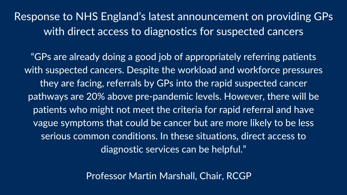 Royal College of General Practitioners (@rcgp) on Twitter photo Direct access to diagnostics will reassure patients - but GP workforce must be increased & given appropriate training & support
Read our response to <a href="/NHSEngland/">NHS England</a>’s latest announcement on providing GPs direct access to diagnostics for suspected cancers ➡️ rcgp.org.uk/news/diagnosti… Direct access to diagnostics will reassure patients - but GP workforce must be increased & given appropriate training & support
Read our response to <a href="/NHSEngland/">NHS England</a>’s latest announcement on providing GPs direct access to diagnostics for suspected cancers ➡️ rcgp.org.uk/news/diagnosti…