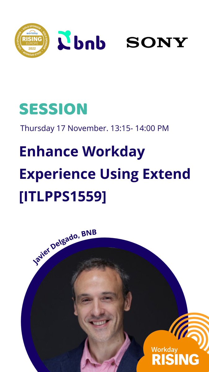 BNB_WD's tweet photo. Want to learn more about #WorkdayExtend don’t miss this session “Enhance Workday Experience Using Extend [ITLPPS1559]” with @javieridelgado and Sony experts.  #WDAYRising #Sessions https://t.co/80H0FXmHVh