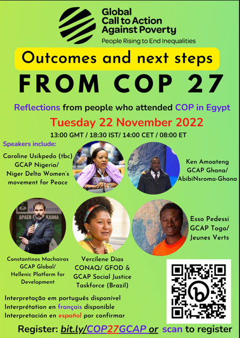 whiteband's tweet photo. Outcomes &amp; Next Steps from #COP27: 
Perspectives from GCAP Coalitions

📌 22 Nov 2022 
📌 1 pm GMT (13:00 GMT / 18:30 IST/ 14:00 CET / 08:00 ET / 10 am Brazil)
📌 REGISTER HERE:  https://t.co/7QZUOkHfFA

#ClimateJustice
#RealSolutionsNOW
#LossAndDamageFinanceNow https://t.co/dLLQGpqJD7