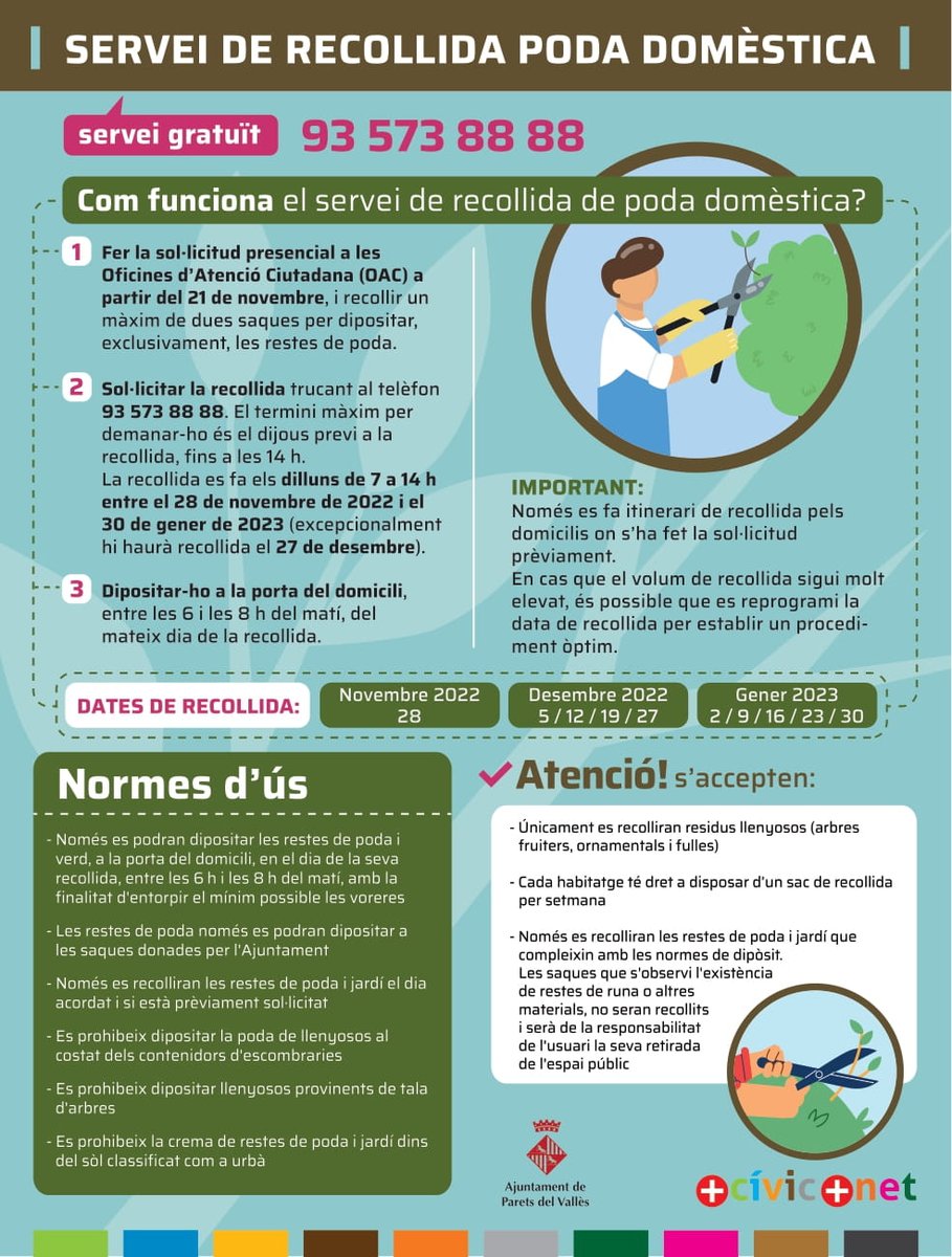 JordiSeguer's tweet photo. 🍂🍁🌳 Celebrem que un nou servei que el #GovernPlural va implementar per primera vegada la tardor de 2019, es mantingui per quart any consecutiu: la recollida gratuïta de la poda domèstica.
✅ El primer dia de recollida serà el 28 novembre i el darrer el 30 gener 2023 #Parets https://t.co/bOFE1A5atl