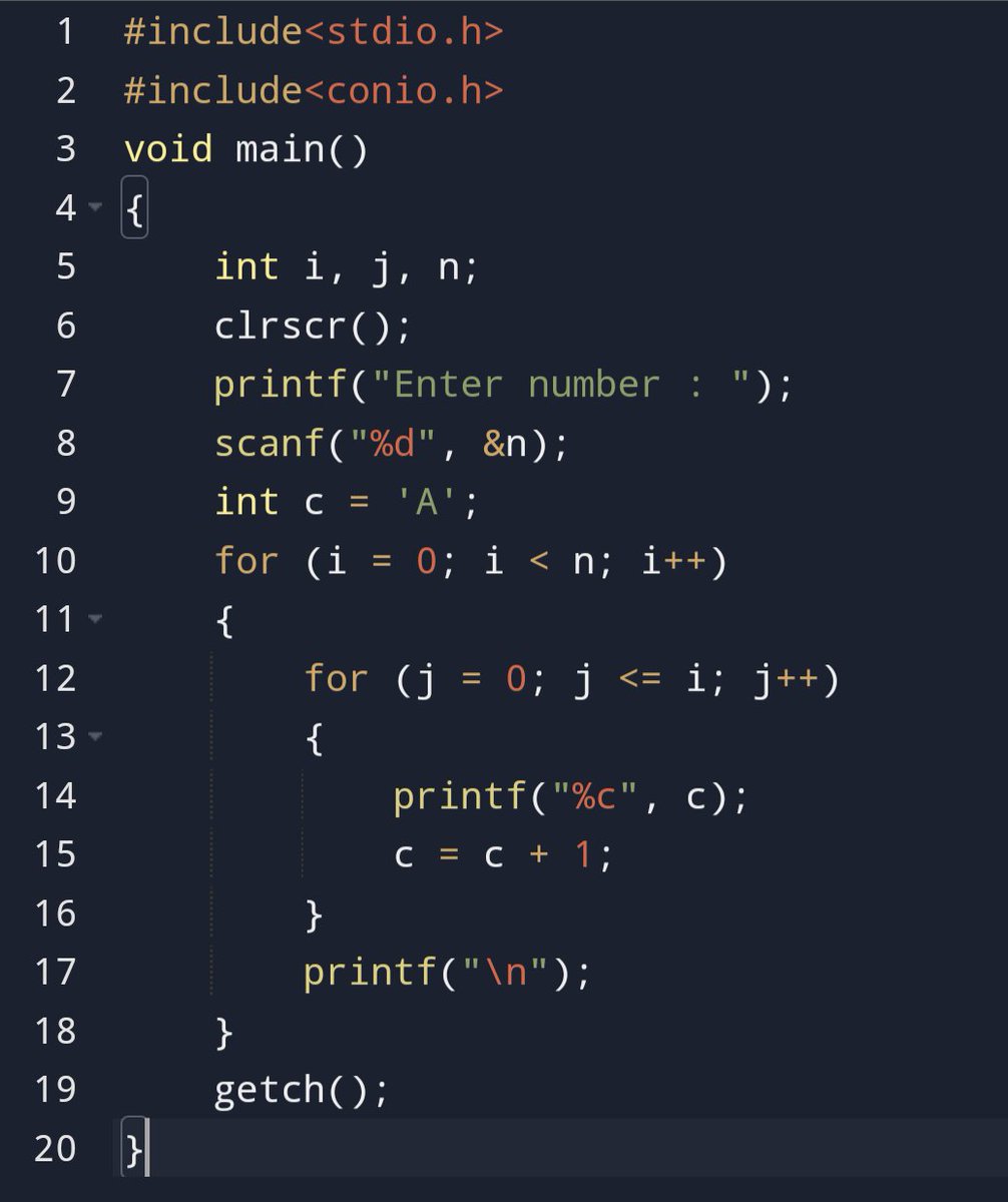luckykalsi22's tweet image. Pattern print 
A
B C
D E F
G H I J
K L M N O
Using c programming language #programminglover #programming #coading #clanguage #coder #programmer