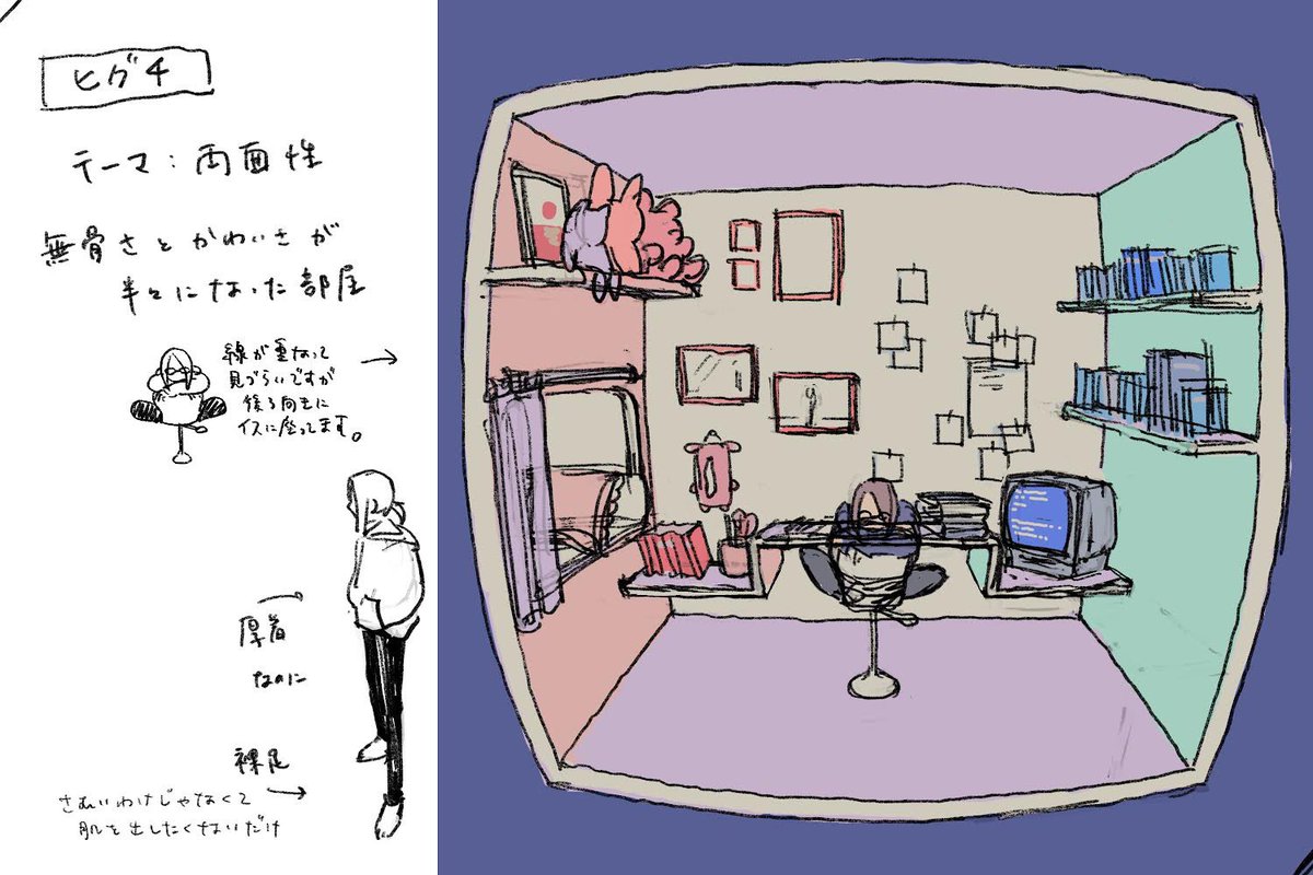 この部屋はヒグチの両面性を表していて、無骨さとかわいさが半々になっています。
観察眼に優れている彼女は、ユマの部屋を「色気がない」と指摘しますが、一方でユマも家に来たヒグチの服装を同じく「色気がない」と表現しています。ここから、ヒグチは外と内の使い分けをしていると考えました。