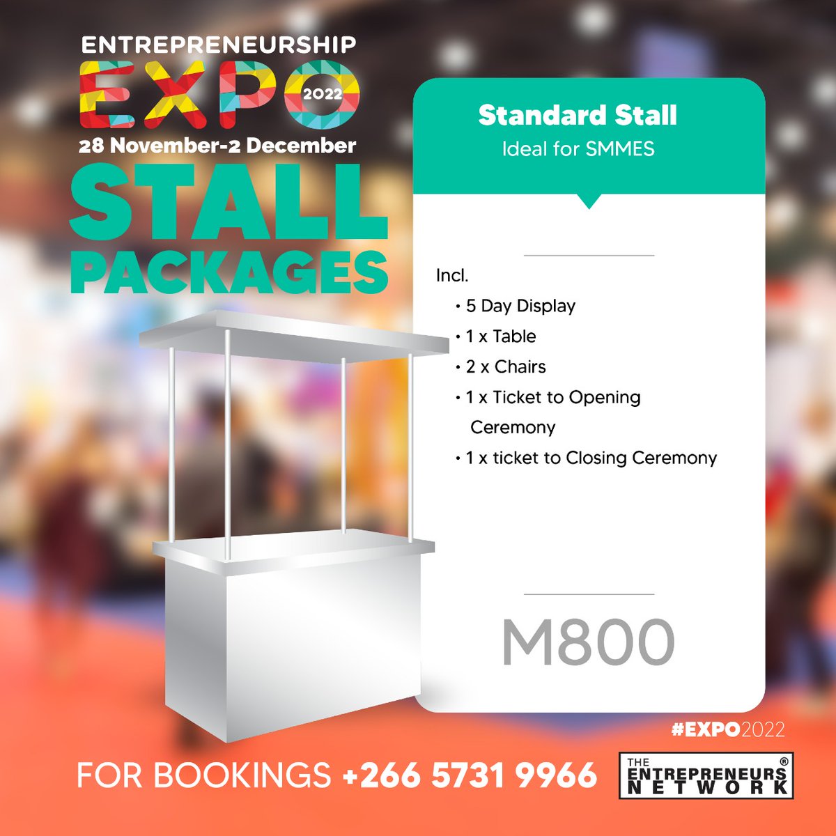 TENlesotho's tweet photo. Our Standard stall is ideal for Small and Startup businesses. It can accommodate up to 2 people, and allows a whole week display, access to the opening and the closing ceremony.#expo2022 #tenlesotho https://t.co/X04cuk2tD6