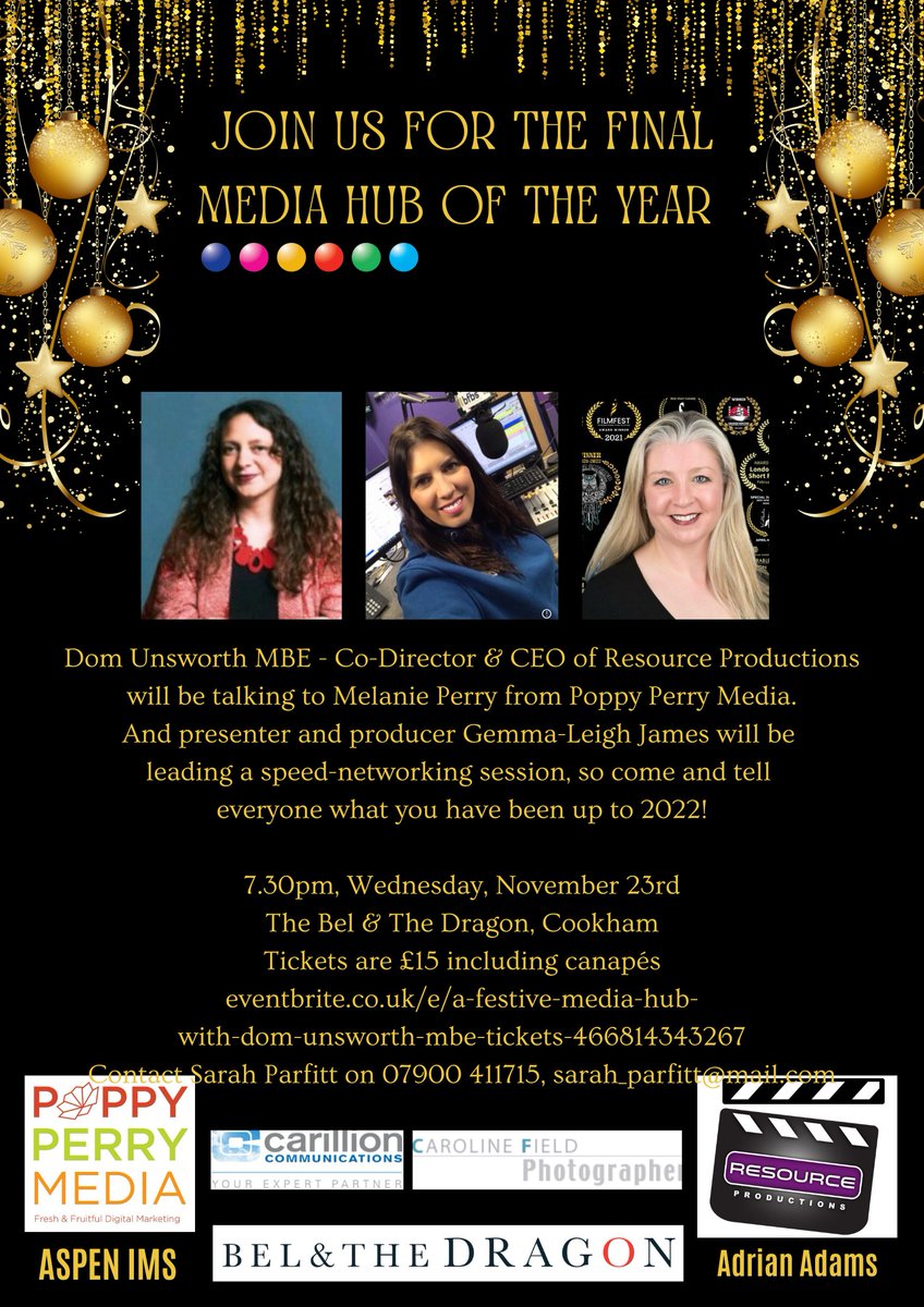 Very excited! Only a week to go until our final <a href="/MediaHub_UK/">Sarah P and Sarah R</a> of 2022. If you work in the #media &amp; live in #Berkshire, do join us: bit.ly/3UIkrSb @ResourceProds @belanddragon <a href="/CarillionComms/">Carillion Comms</a> <a href="/gemmaleighjames/">Geммα-Leigh James</a> <a href="/PopsyT/">Melanie Perry</a> <a href="/BBCBerkshire/">BBC Berkshire</a> <a href="/carladelaney/">Carla Delaney</a> <a href="/ejthementor/">Ejthementor</a> <a href="/MaidenheadAds/">MaidenheadAdvertiser</a>