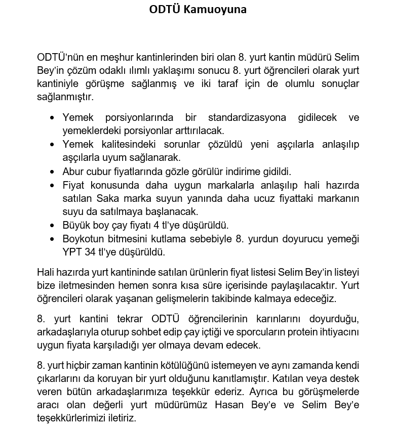 8. yurdun boykotu başarıyla sonuçlandı. Umuyoruz ki bu başarı diğer öğrenciler için de yol gösterici olur ve birliği pekiştirir. Ekteki görsel de 8. yurtta boykot sürecini yürüten öğrencilerin bizimle paylaştığı sonuç duyurusu.