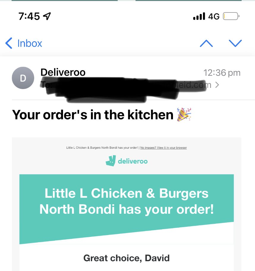 davidbeves's tweet photo. Who had the last #deliveroo order in #Australia? Here’s my effort … 12:36pm today 🥳 https://t.co/vfAmiPhweN