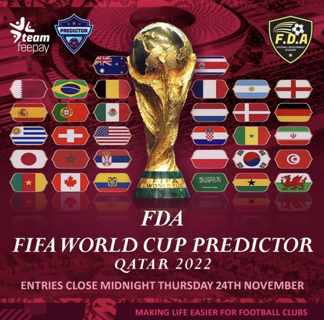 FDAcademy1's tweet photo. Fundraising for our Holland trip for 2023! Full World Cup tournament, give it a go, £10 entry 30% to the overall winner 70% into the Holland pot so doing it for a great cause. 

Link below to play! 

https://t.co/lSIM4mURQG https://t.co/sEnBuS2fPL