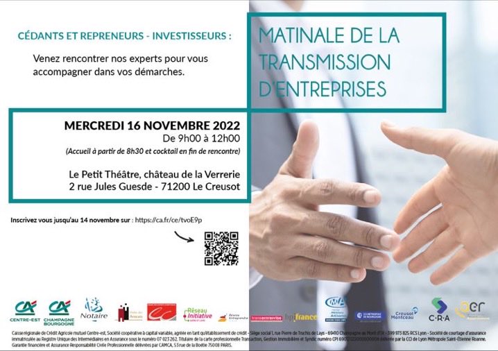 Matinale de la Transmission d’Entreprise organisée ce matin au Creusot par le ⁦<a href="/ca_centrest/">Crédit Agricole Centre-est</a>⁩, la Communauté Urbaine du Creusot Montceau et l’ensemble des Partenaires et Experts du Territoire 
Cédants, Repreneurs et Investisseurs ont été très attentifs aux conseils apportés
