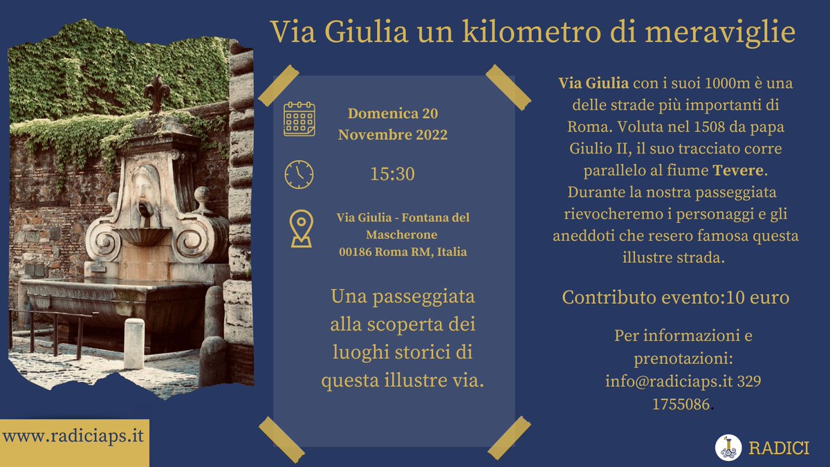 🗓️ Domenica 20 Novembre
🕒 ore 15:30
📍Via Giulia - Fontana del Mascherone Roma,Italia
☎️329 1755086
📧 info@radiciaps.it
📄 link al MODULO per ASSOCIARSI: radiciaps.it/s/modulo 

#radiciaps #20Novembre  
#viaGiulia #passeggiata
 #cultura #storia #inclusione #accessibilità