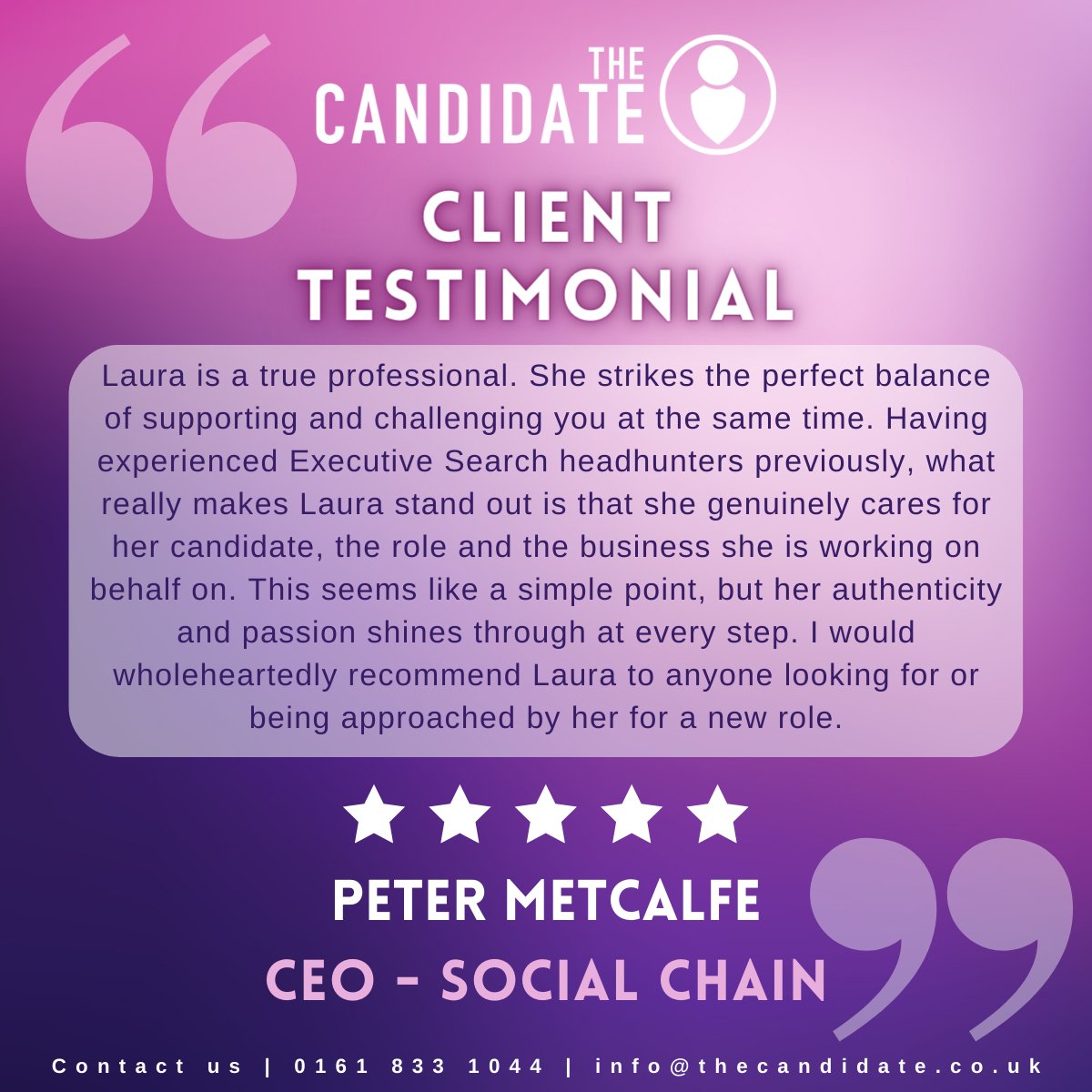 thecandidateuk's tweet photo. Some fantastic feedback for our Executive Search Board Director Laura Walters, who helped Social Chain appoint their new CEO.
 
Register your CV on our website here: https://t.co/VIbrI1LuGU
 
#Recruitment #Testimonial #SocialMedia #Marketing #Manchester https://t.co/N7nd2UUeqQ