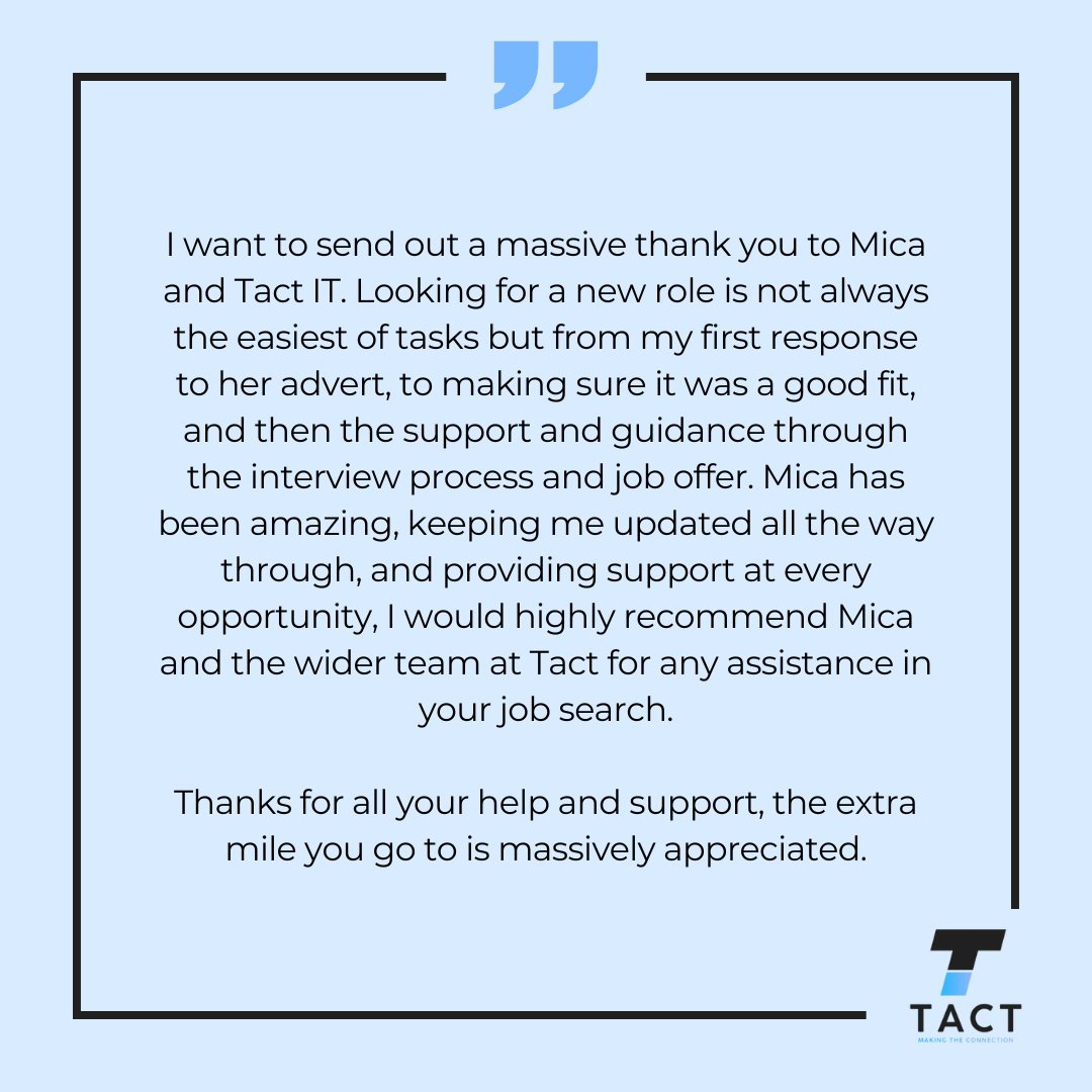 tact_it's tweet image. 🌟📣 CLIENT TESTIMOINIAL 📣🌟

We received this amazing feedback from a client this morning and just couldn’t wait to share it with you! 🤩

Well done to the team for your hard work, dedication and amazing results, as always 👏🏻💙

#TactIT #MakingTheConnection #DevLaunchPad