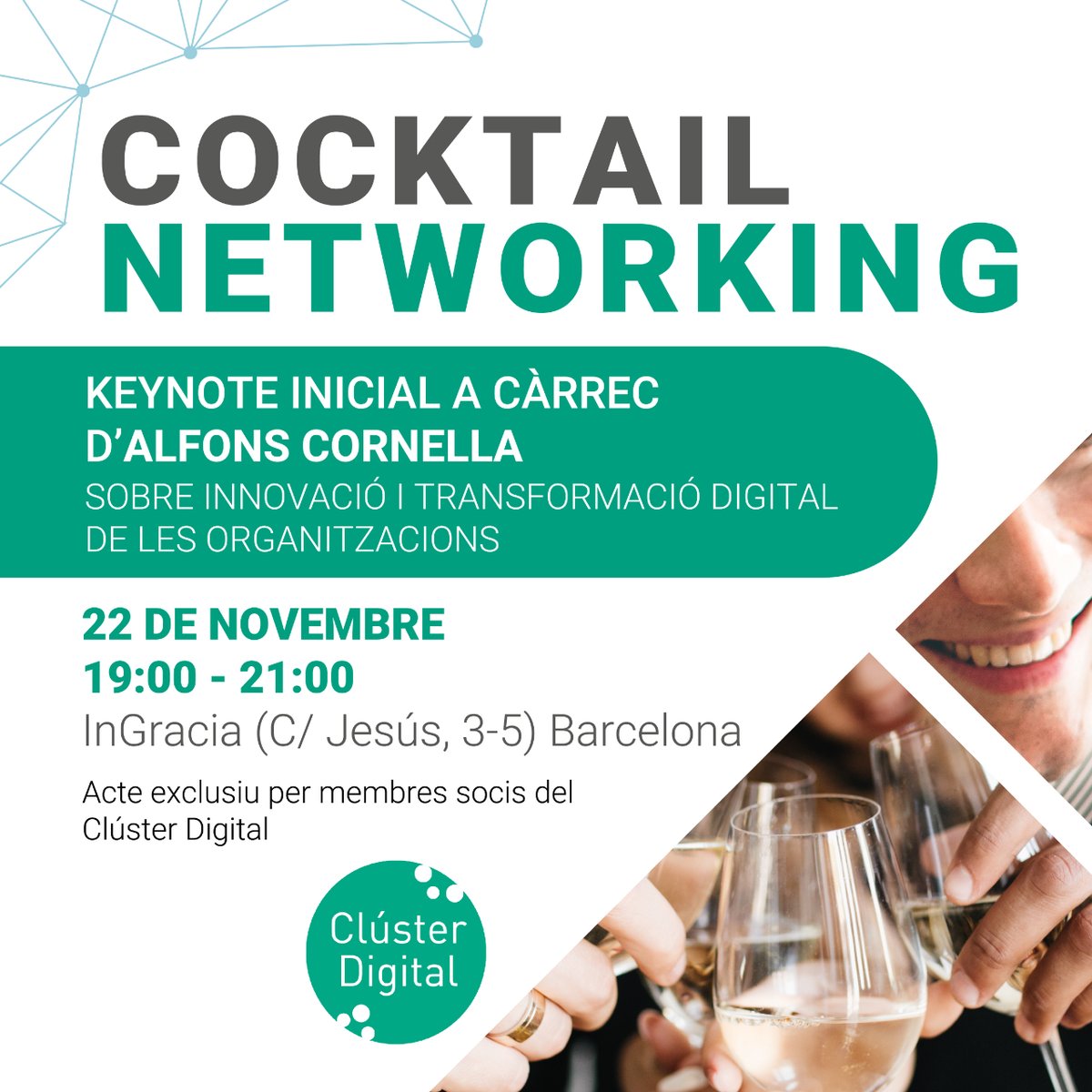 Cluster_Digital's tweet photo. Ganes de party? 🥳

El 22 de novembre ens trobem tots els socis del CLDI per fer una jornada de networking. 

Començarem amb una keynote a càrrec d’Alfons Cornella, tots atents!

📅 22 de novembre 
🕖 19h
📍InGràcia

Inscriu-t’hi! #cocktailnetworking

https://t.co/dmsJKP1zne https://t.co/tIzvdmlDC5