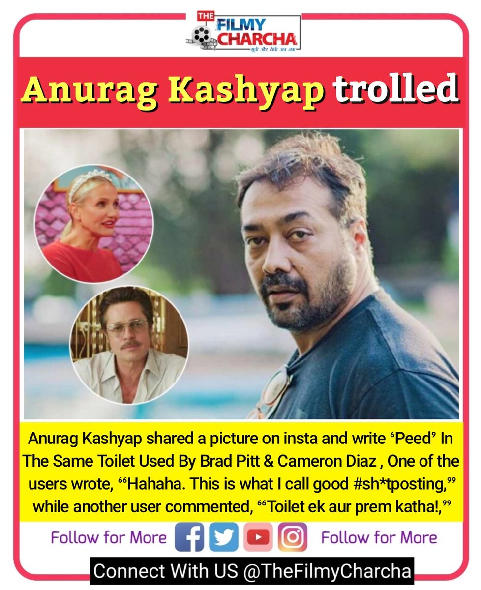 Follow @thefilmycharcha for more

Anurag Kashyap shared a picture on insta and write ‘Peed’ In The Same Toilet Used By Brad Pitt & Cameron Diaz and got trolled. 

#anuragkashyap #bradpitt #camerondiaz #bollywoodnews https://t.co/7240zmp7SO
