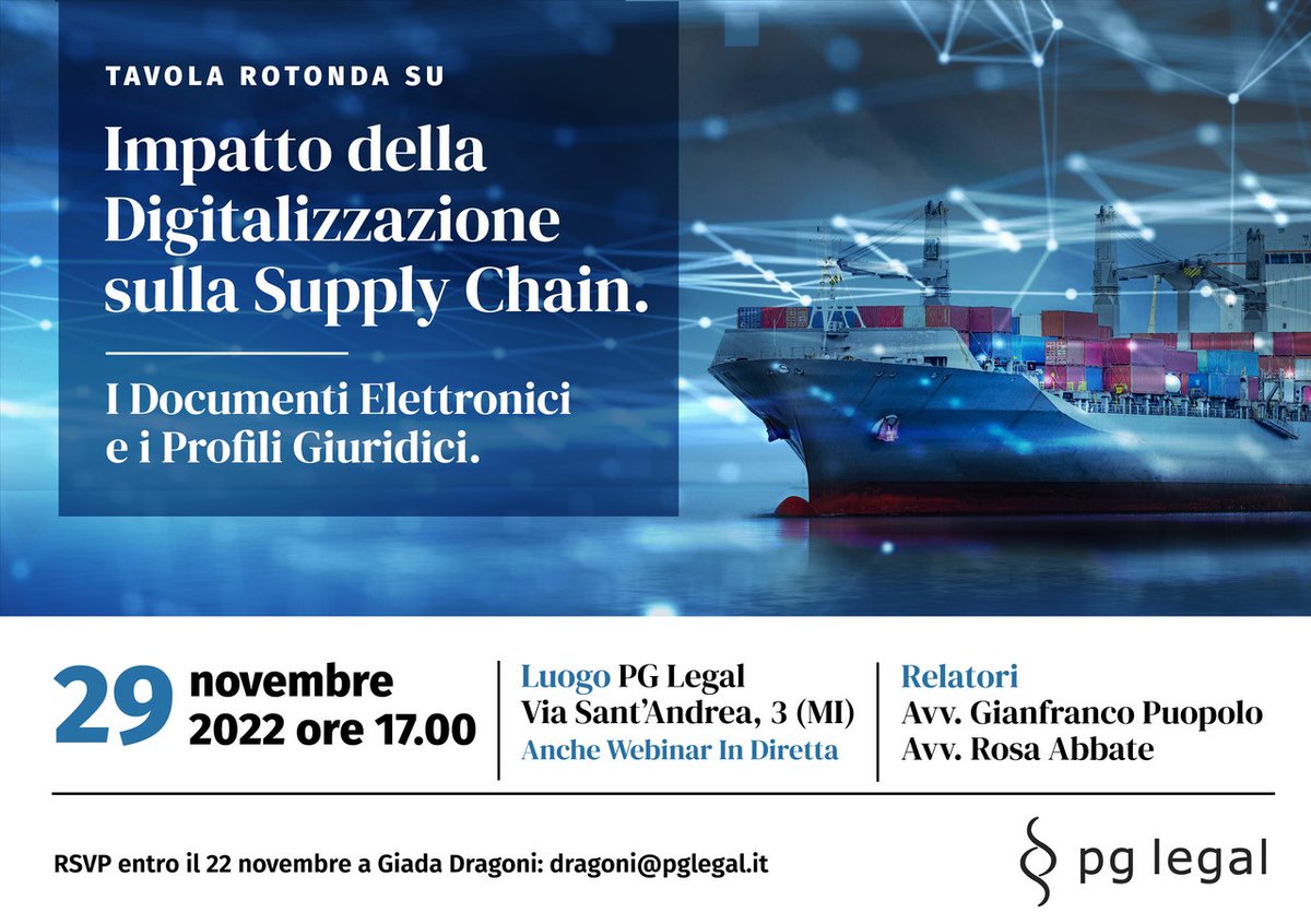 PG_Legal's tweet photo. [EVENT] PGLegal is organizing a LIVE and VIRTUAL Round Table Discussion on 29 November 2022.

Topic: "IMPACT OF DIGITIZATION ON THE SUPPLY CHAIN: ELECTRONIC DOCUMENTS AND LEGAL PROFILES"

Register to Join the Virtual Session - dragoni@pglegal.it

#digitalization
# supplychain https://t.co/OjDDfUQQoD