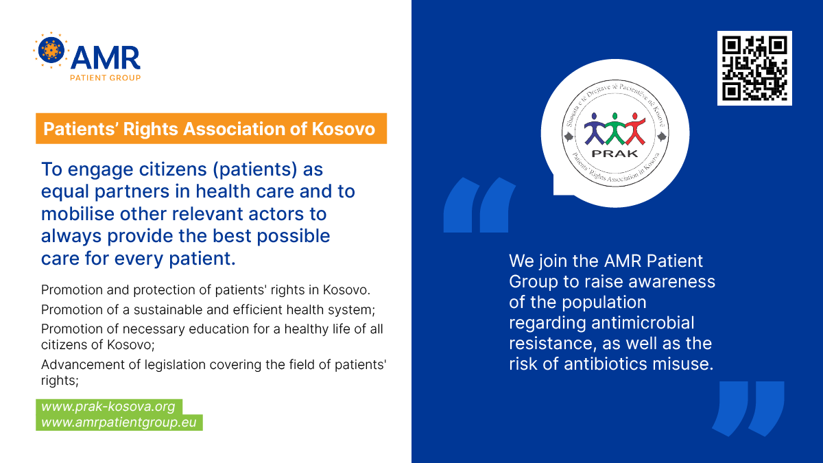 PatientAmr's tweet photo. @NRAS_UK @FranceSepsis @patient_for @WHO Our member the Patients' Rights Association ofKosovo (PRAK) aims to engage citizens as equal partners in healthcare.
They want to raise awareness in Kosovo about antimicrobial resistance #AMR and the risks of antibiotic misuse.
#EAAD #WAAW #AMRPatientGroup https://t.co/tIVa0YRlhT