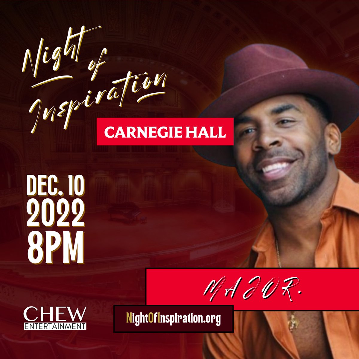 CHEW ENTERTAINMENT (@chew_ent) on Twitter photo Night of Inspiration is an evening of music, spoken word, and dance accompanied by a 64-piece orchestra and 150-voice mass choir conducted by Maestro <a href="/RayChewLive/">Ray Chew</a>.
Featuring:
<a href="/DonaldLawrence/">Donald Lawrence</a> <a href="/IAmReginaBelle/">Regina Belle</a> <a href="/nowthatsMAJOR/">MAJOR.</a> <a href="/iamValC/">Valentin</a>
🎟️ NightOfInspiration.org
#NOIcarnegie2022 Night of Inspiration is an evening of music, spoken word, and dance accompanied by a 64-piece orchestra and 150-voice mass choir conducted by Maestro <a href="/RayChewLive/">Ray Chew</a>.
Featuring:
<a href="/DonaldLawrence/">Donald Lawrence</a> <a href="/IAmReginaBelle/">Regina Belle</a> <a href="/nowthatsMAJOR/">MAJOR.</a> <a href="/iamValC/">Valentin</a>
🎟️ NightOfInspiration.org
#NOIcarnegie2022