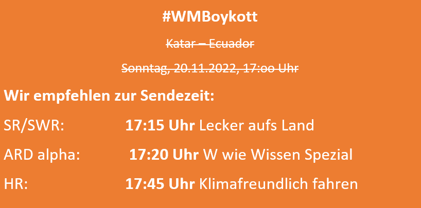 OedpThueringen's tweet photo. Die #WM2020: Es gibt viele Sachen, die man sinnvoll während der Spiele machen kann: in Natur gehen, entspannen/lesen, Sport..
Beim Fernsehen empfehlen wir die #WM nicht zu unterstützen: nicht zuschauen!
Alternativen zum Eröffnungsspiel?
#WMBoykott #Menschenrechte #WMalternative https://t.co/M2VG8RJ2It