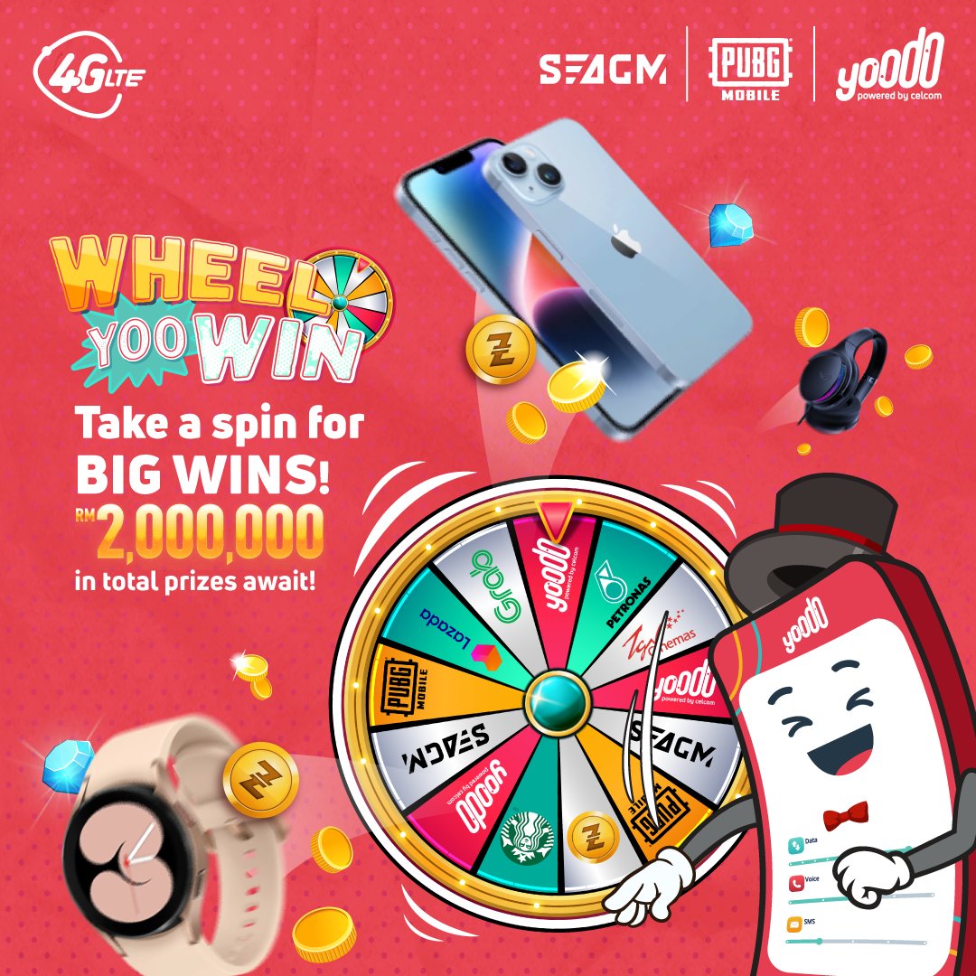 yoodoMY's tweet photo. Only two chances left to win amazing Grand Prizes in Wheel-Yoo-Win!
Spend RM32 or more with Yoodo to spin your way into guaranteed rewards and lucky grand prizes!
Donโt miss this awesome contest made in collaboration with @SEAGM
#yoodoitbetter #wheelyoowin
@pubgmobilemy https://t.co/jVrattqC71