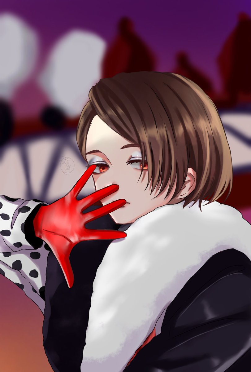 gloves brown hair red gloves short hair looking at viewer 1girl blurry background  illustration images