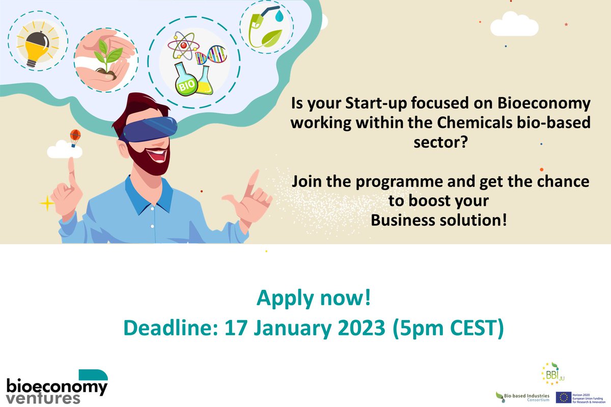 🚨 <a href="/BioeconomyV/">BioeconomyVentures</a> Future of Chemicals Call is now open to Applications! 🚨
Are you a #startup? Apply and get the chance to: 
📈6-month Business training programme
🤝Strategical Corporates partnerships
💰Access to private investment
APPLY NOW: f6s.com/bioeconomyvent…