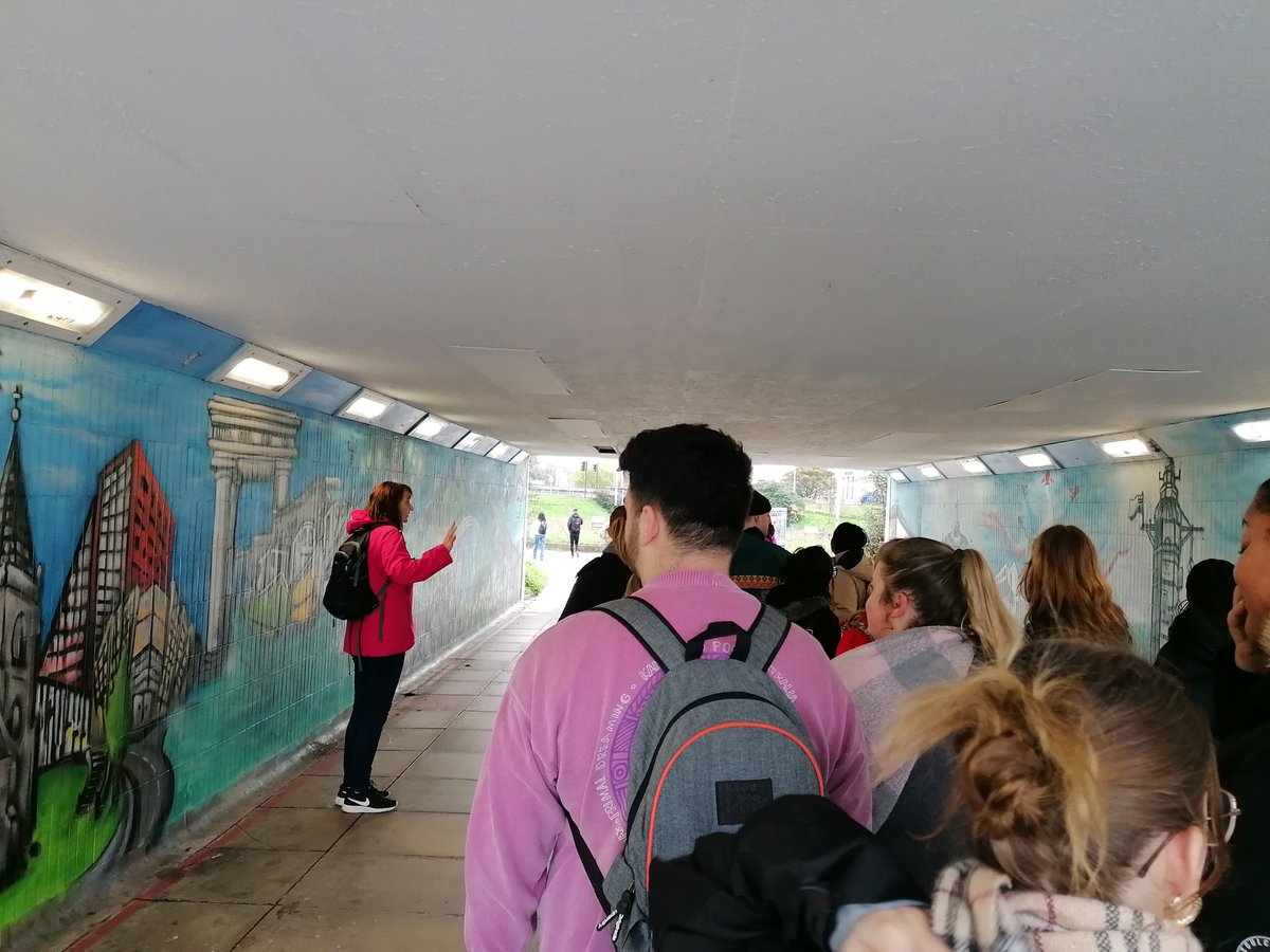 Gulliverke's tweet photo. @PlymUniIOE 2nd year BA Education and BA Early Childhood students on a walk through Plymouth thinking about how to create inclusive spaces #mural #artwork #community #inclusion https://t.co/u4KTYqUsw8