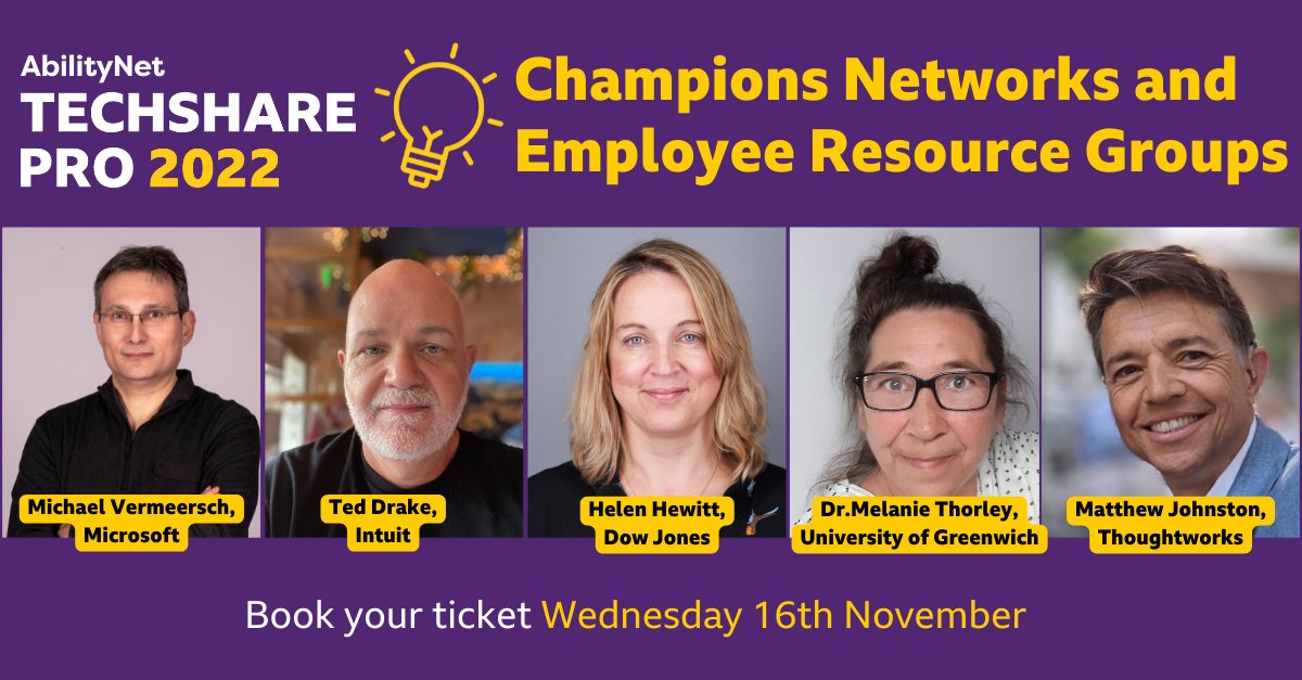 The first session of #TechSharePro22 day 2: Learn about #EmployeeResourceGroups, #DisabilityStaff Networks and #AccessibilityChampions with:
<a href="/miwon/">Michael Vermeersch</a> <a href="/Microsoft/">Microsoft</a> 
<a href="/AccessibilityC3/">Charlie Turrell</a> <a href="/MoJGovUK/">Ministry of Justice</a> 
Helen Hewitt <a href="/DowJones/">Dow Jones</a> 
Ted Drake, <a href="/Intuit/">Intuit</a> 
<a href="/MDThorley/">Dr. Melanie Thorley</a> @GRE_STAART 
<a href="/MatthewExplorer/">Matthew Johnston</a> <a href="/scope/">Scope</a>