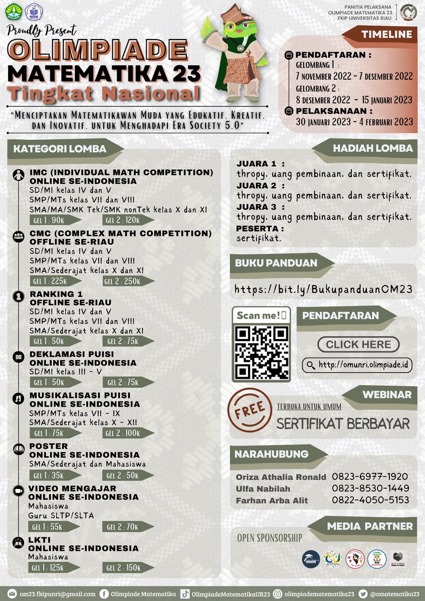 omatematika23's tweet photo. [ BROSUR OLIMPIADE MATEMATIKA 23]
Assalamu’alaikum warahmatullahi wabarakatuh

Hai math lovers…👋
Gimana nih kabarnya? Semoga selalu dalam keadaan baik ya😉
kabar gembira untuk math lovers semua nih karena pendaftaran Olimpiade Matematika 23 sudah di buka looohh🤗😁 https://t.co/WOqxiVKUZf