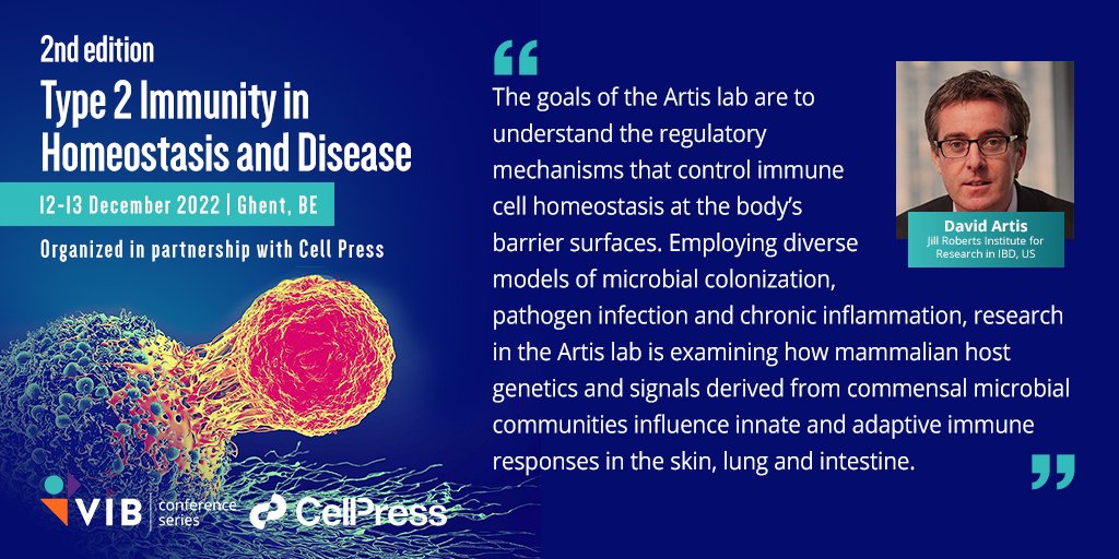 Not to be missed!!! David Artis, Professor of Immunology at Cornell University, will be speaking on the topic of regulatory mechanisms in type 2 inflammation at #Type2Immunity22, organised by @VIBConferences. 12 days left to register here bit.ly/3tpk4jv so don't delay!
