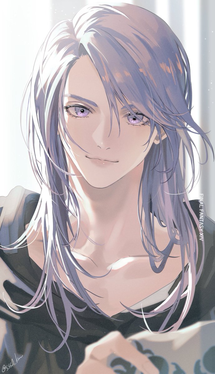 male focus 1boy solo purple eyes looking at viewer collarbone smile  illustration images