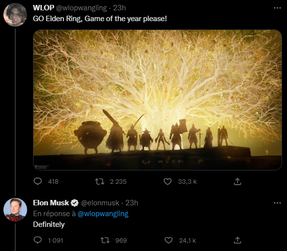 JVCom's tweet photo. Elon Musk donne son avis sur le GOTY des #gameawards  !

Il a choisi sans hésiter Elden Ring. https://t.co/9Iz4rJqW1o