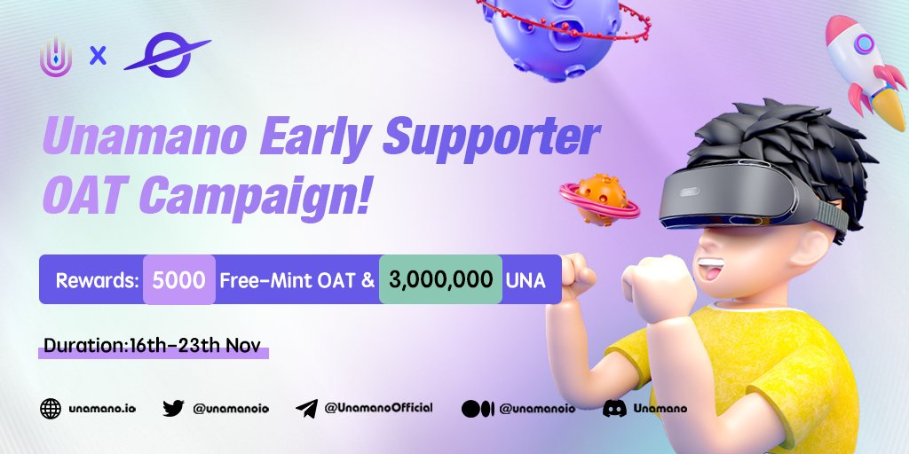To celebrate the partnership with <a href="/Port3Network/">Port3 Network</a>, an amazing campaign comes🥳

⏰16th-23th Nov
Reward:
1⃣5K OAT (Future events passcard)
2⃣3M $UNA #Giveaway 

​​You simply need to complete tasks on #SoGraph powered by Port3👇
sograph.xyz/space/Unamano/…

The OAT is FCFS
Join us ASAP🙌