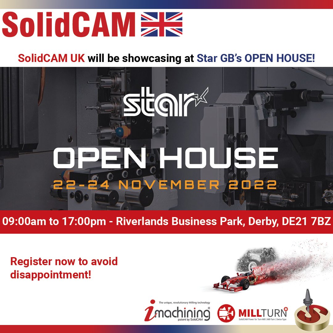 SolidCAMUK's tweet image. 𝐋𝐄𝐒𝐒 𝐓𝐇𝐀𝐍 𝐀 𝐖𝐄𝐄𝐊 𝐓𝐎 𝐆𝐎! Don't forget! @SolidCAMUK will be showcasing at the @StarMicronicsGB's Open House, 22nd-24th November 2022! 9:00am - 5:00pm. REGISTER HERE: stargb.com/open #ukmfg #slidinghead #swisstype #imachining #cadcam #cncmachining #ukeng