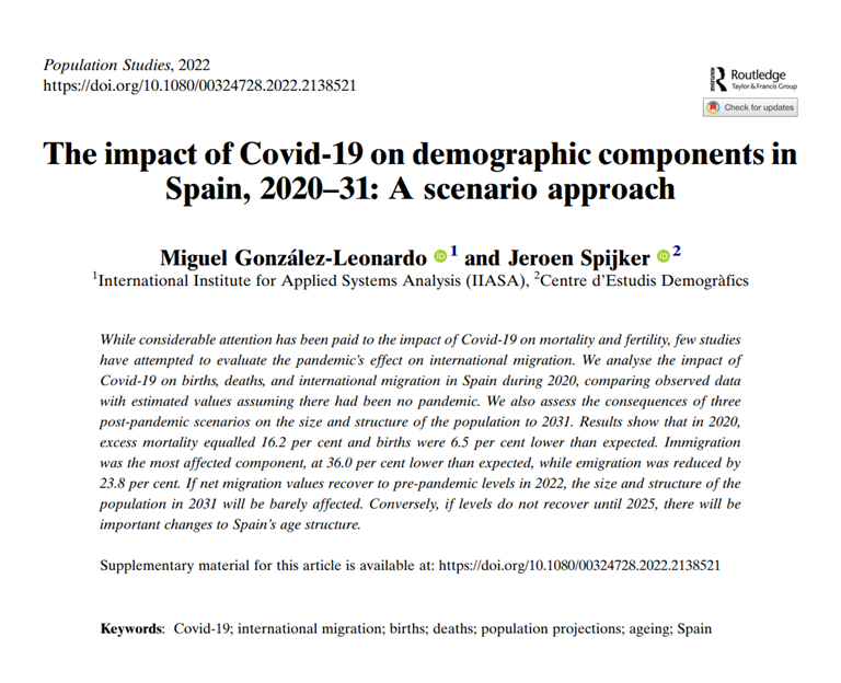 MiguelGLeonardo's tweet photo. 🚨The impact of Covid-19 on demographic components in Spain, 2020–31: A scenario approach

Population Studies w J Spijker (@popageing) 

How did/will Covid-19 impact births, deaths &amp; international migration?

🔓https://t.co/guB77xjwm5

@IIASA_Library @WiCVienna @CEDemografia https://t.co/fMMZpwIB1h