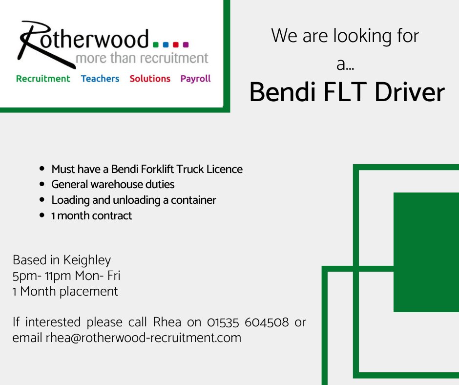 RotherwoodRec's tweet image. Bendi Forklift Driver required!!

Keighley - Full Time - Temporary - £12 per hour.

Please call for more information 01535 604508.

#recruitment #FLTdriver