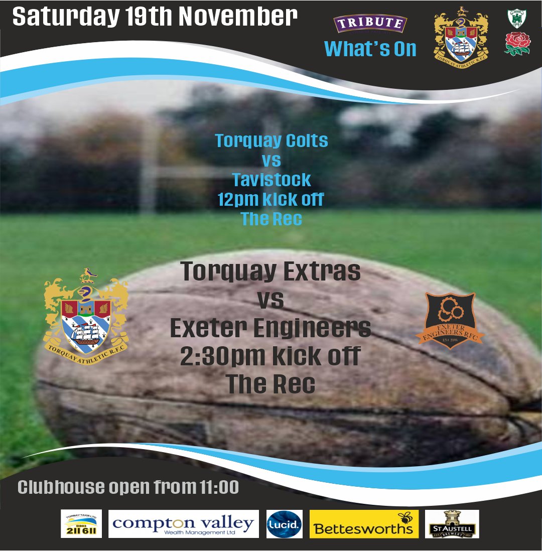 Torquay Rugby Club (@torquayrfc) on Twitter photo Saturday 19th November
🏉 Torquay Colts vs <a href="/TavistockRFC/">Tavistock RFC</a> Colts 12:00 The Rec
🏉 Torquay Extras vs <a href="/Engineers_RFC/">Exeter Engineers RFC</a> 2:30pm The Rec
🍻Clubhouse open 11:00
Autumn Internationals rugby on TV during the afternoon
#TARFC #TicTicBoom #oneclub Saturday 19th November
🏉 Torquay Colts vs <a href="/TavistockRFC/">Tavistock RFC</a> Colts 12:00 The Rec
🏉 Torquay Extras vs <a href="/Engineers_RFC/">Exeter Engineers RFC</a> 2:30pm The Rec
🍻Clubhouse open 11:00
Autumn Internationals rugby on TV during the afternoon
#TARFC #TicTicBoom #oneclub