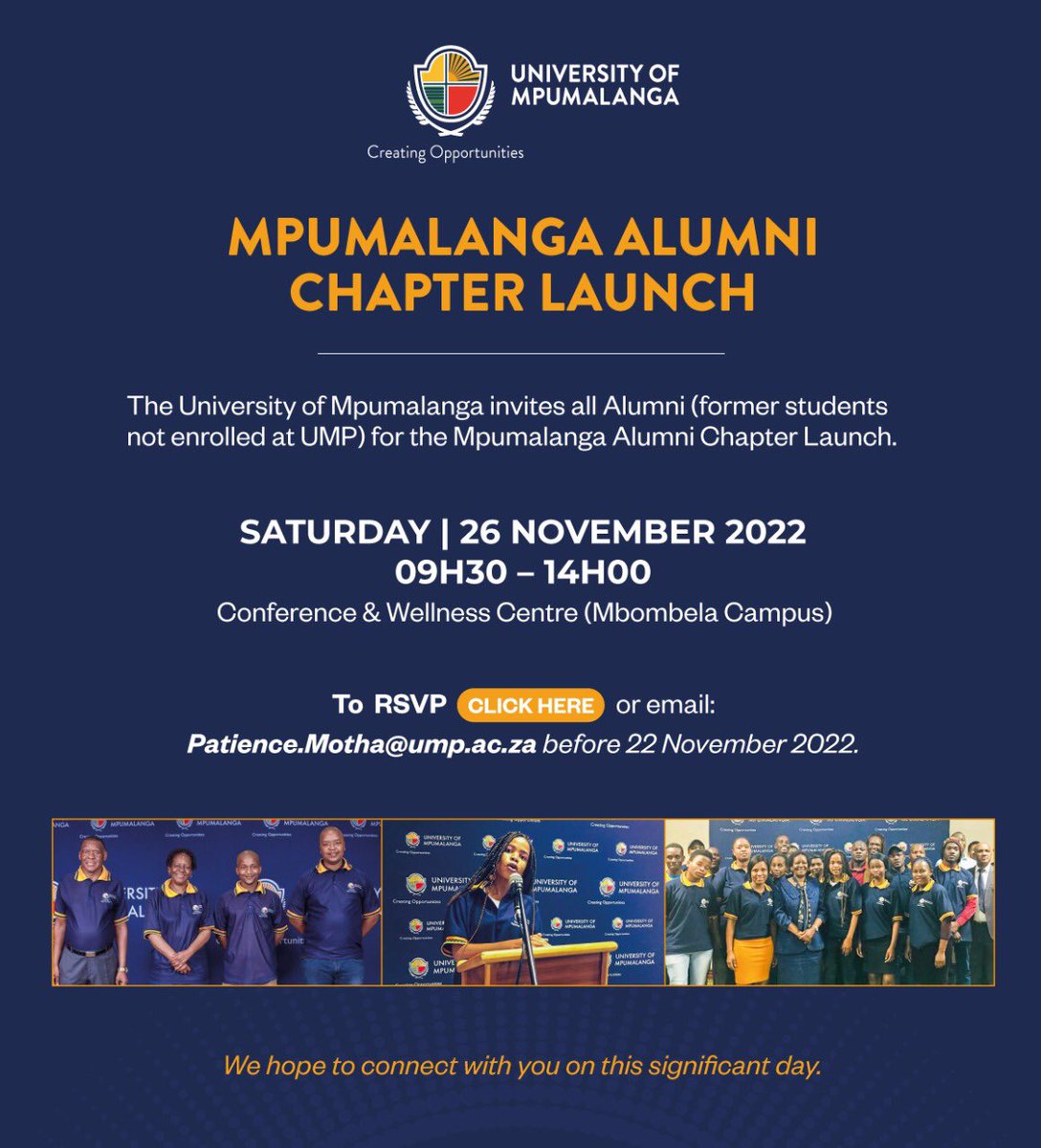 UniMpumalanga's tweet photo. The University of Mpumalanga invites all Alumni (former students not enrolled at UMP) for the launch of the Mpumalanga Alumni Chapter. 

To RSVP 👉🏾 https://t.co/1Wnr8MxJ0l https://t.co/l8oSDqlAlh