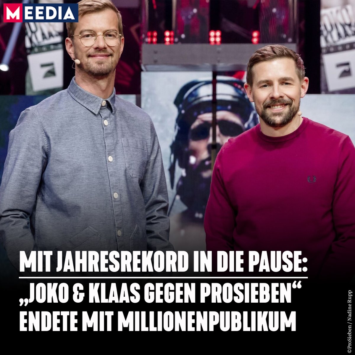 MEEDIA's tweet photo. Großer Zuschauererfolg für Joko und Klaas bei der vorerst letzten Sendung gegen ihren Arbeitgeber ProSieben #VideoDaily #JKvsP7
https://t.co/8GnZmvCOPC https://t.co/mimF4a8H0v