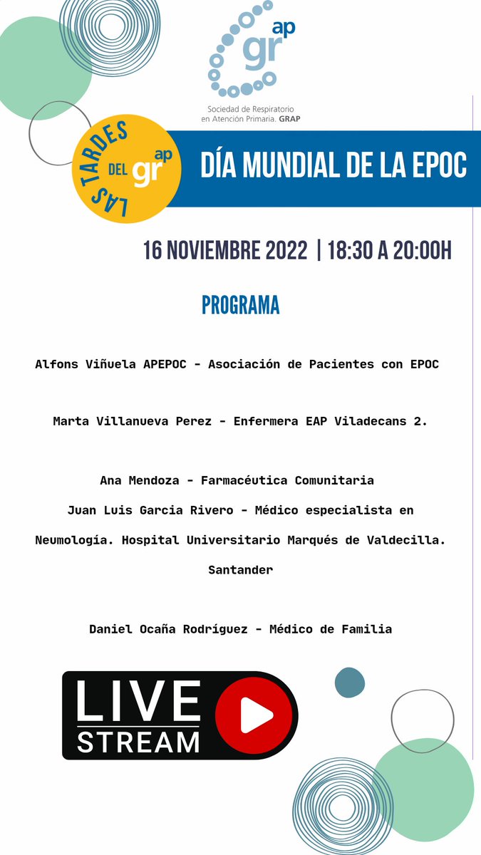 📢📢📢 No te pierdas el #webinar que organiza la <a href="/SociedadGRAP/">Sociedad GRAP</a> esta tarde a las 1️⃣8️⃣:0️⃣0️⃣ coincidiendo con el #DiaMundialdelaEPOC . Síguenos aquí en directo:
plataforma.streamingbarcelona.com/grap/
#EPOC #Respiratorio #AP con <a href="/danielocana2/">Daniel Ocana Rodriguez</a>