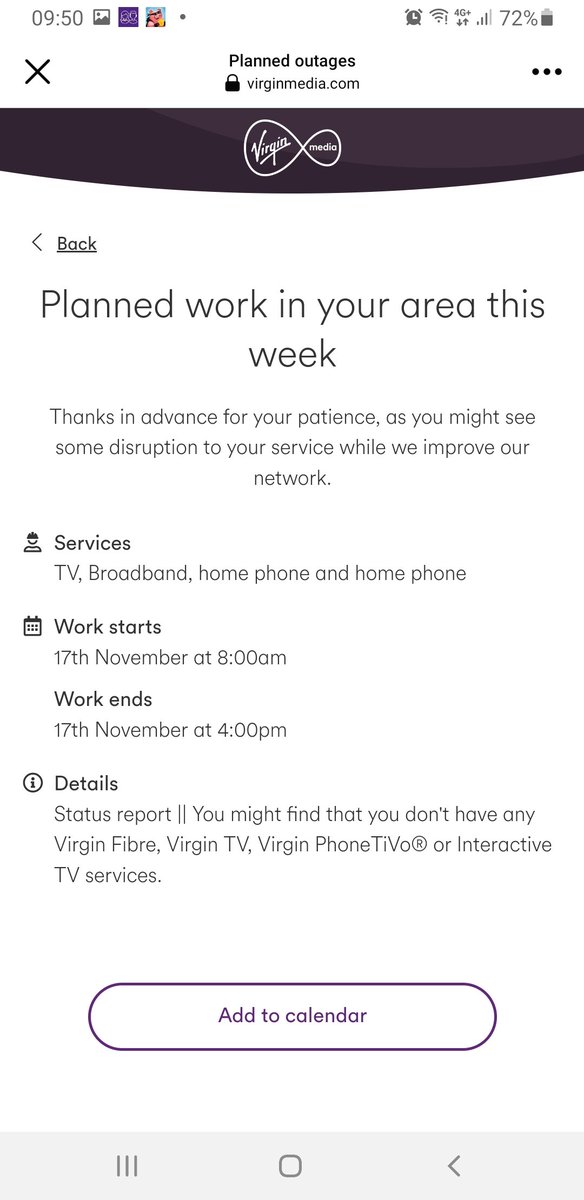 roachy247's tweet photo. @virginmedia it would have been good to know in advance of works in the area which may cause disruption. Currently down and I'm working from home. Just looked up the service on your Web page and will also be disruption tomorrow. Not good enough. https://t.co/Z4jxMwPJ3I
