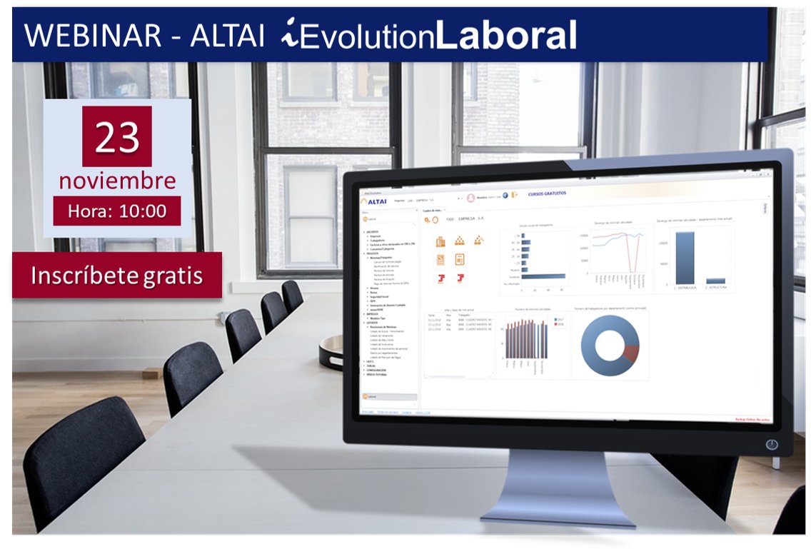 ALTAI_Software's tweet photo. Una solución que optimiza la gestión laboral y el cálculo de #nóminas
Apúntate al #webinar del próximo miércoles
             👇
📅 𝟮𝟯 𝗻𝗼𝘃𝗶𝗲𝗺𝗯𝗿𝗲
⏰ 𝟭𝟬:𝟬𝟬
✍ 𝗜𝗻𝘀𝗰𝗿𝗶𝗽𝗰𝗶𝗼𝗻𝗲𝘀 https://t.co/WviKCbCQ9J
#software #programanominas #asesores #despachos https://t.co/cX8AEeHiYd