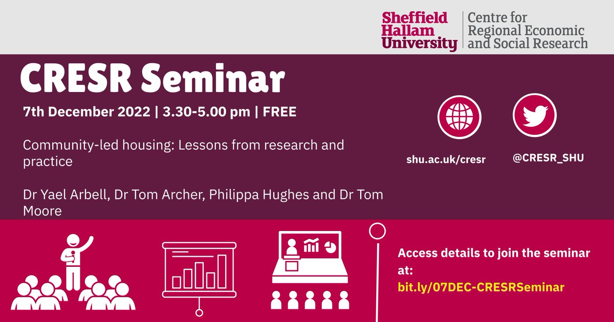 Join us in person or online for the next CRESR Seminar 07/12/22 where our panel will be discussing lessons from research & practice on #CommunityLedHousing. More details 👉 bit.ly/07DEC-CRESRSem… @Tom_Moore85 @tomhousing @PhilippaMHughes