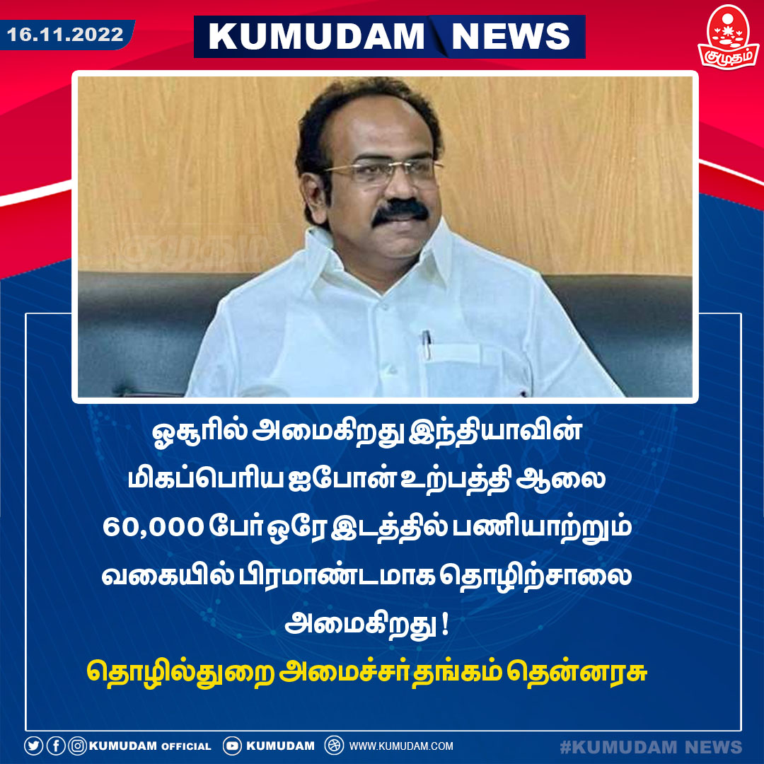 kumudamdigi's tweet photo. ஓசூரில் அமைகிறது இந்தியாவின் மிகப்பெரிய ஐபோன் உற்பத்தி ஆலை
60,000 பேர் ஒரே இடத்தில் பணியாற்றும் வகையில் பிரமாண்டமாக தொழிற்சாலை அமைகிறது
தொழில்துறை அமைச்சர் தங்கம் தென்னரசு
#iPhone #Tennarasu #Kumudam https://t.co/OgpjravvSK