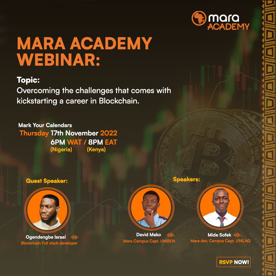 maraimpact's tweet photo. 🗣️Hey #maratribe💥

In this session, our speakers, @techwithmide, @midesofek &amp; @david_choya are well equipped to help you overcome the challenges you are facing starting your Blockchain Career 🥳

Date:17th Nov.

⏰6PM WAT/8PM EAT.

Join us here: https://t.co/u1SjZuxZs0 https://t.co/f1R2mI3WCe