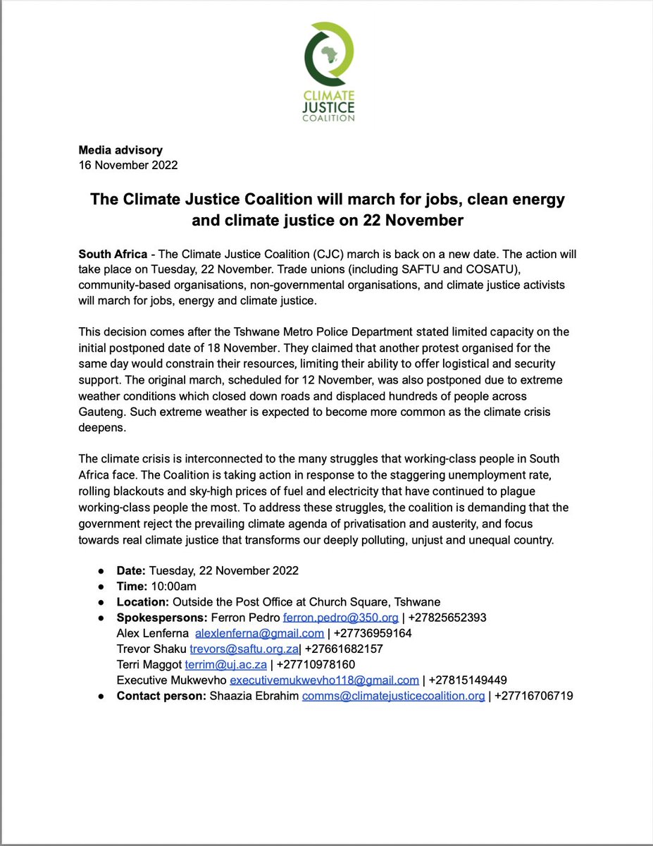 CJCoalition's tweet photo. [MEDIA ADVISORY] The #MarchForClimateJustice is back on Tuesday, 22 Nov.

This decision comes after the @TMPDSafety stated limited capacity on the initial postponed date of 18 Nov. The original march, scheduled for 12 Nov, was also postponed due to extreme weather conditions. https://t.co/B9T4aLsr8M